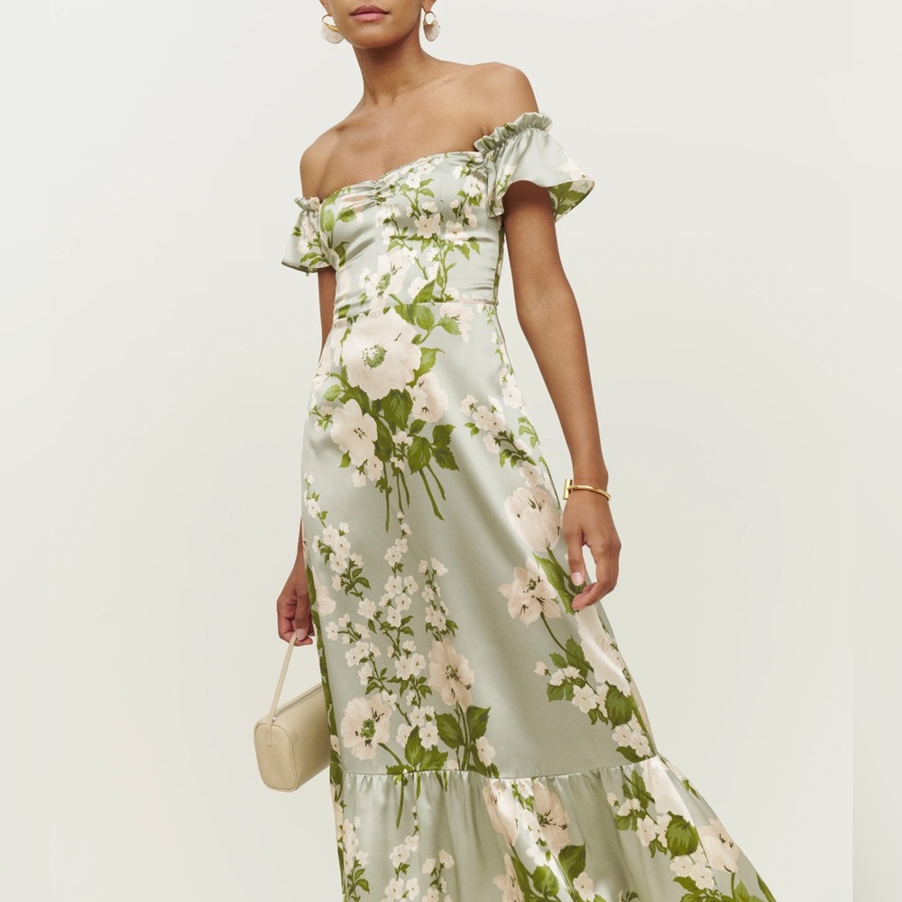 Reformation Sianna Silk Maxi Dress in Green Floral Tarragon